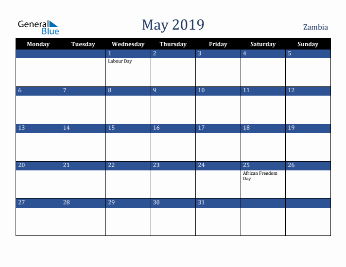 May 2019 Zambia Calendar (Monday Start)