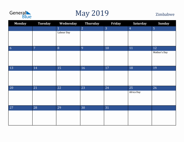 May 2019 Zimbabwe Calendar (Monday Start)