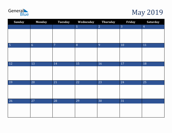 Sunday Start Calendar for May 2019