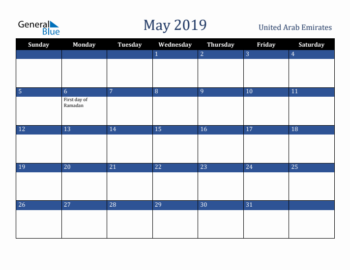 May 2019 United Arab Emirates Calendar (Sunday Start)