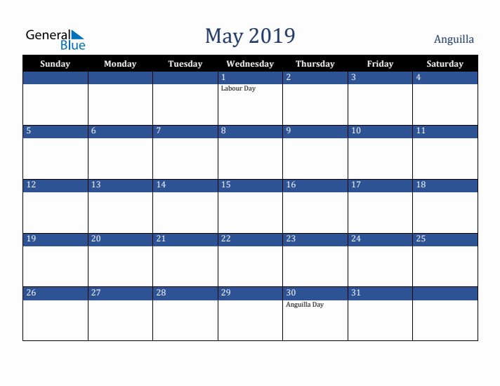 May 2019 Anguilla Calendar (Sunday Start)