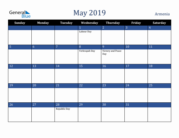 May 2019 Armenia Calendar (Sunday Start)