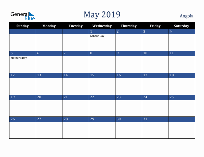 May 2019 Angola Calendar (Sunday Start)