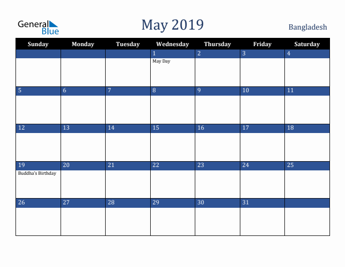 May 2019 Bangladesh Calendar (Sunday Start)