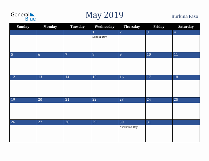 May 2019 Burkina Faso Calendar (Sunday Start)