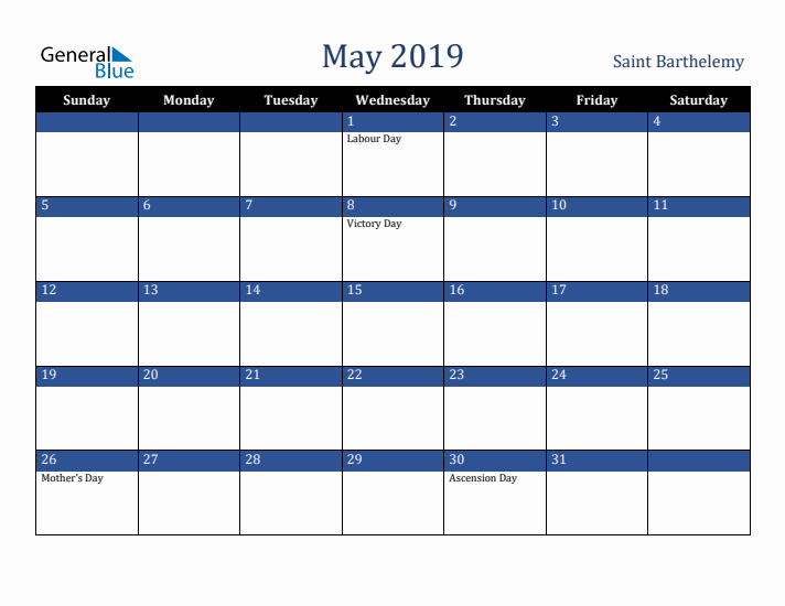 May 2019 Saint Barthelemy Calendar (Sunday Start)