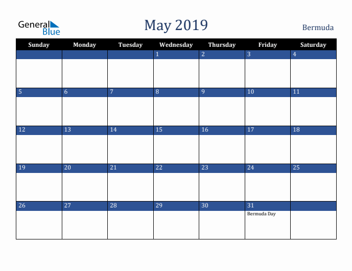 May 2019 Bermuda Calendar (Sunday Start)