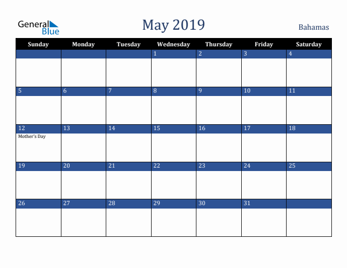 May 2019 Bahamas Calendar (Sunday Start)
