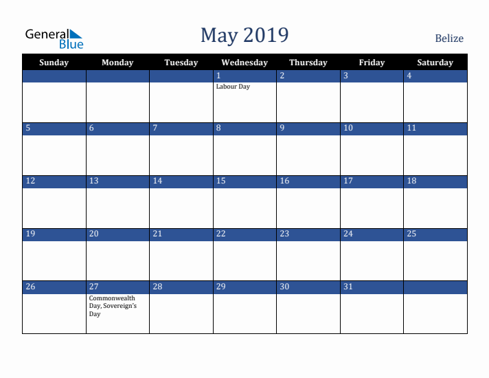 May 2019 Belize Calendar (Sunday Start)