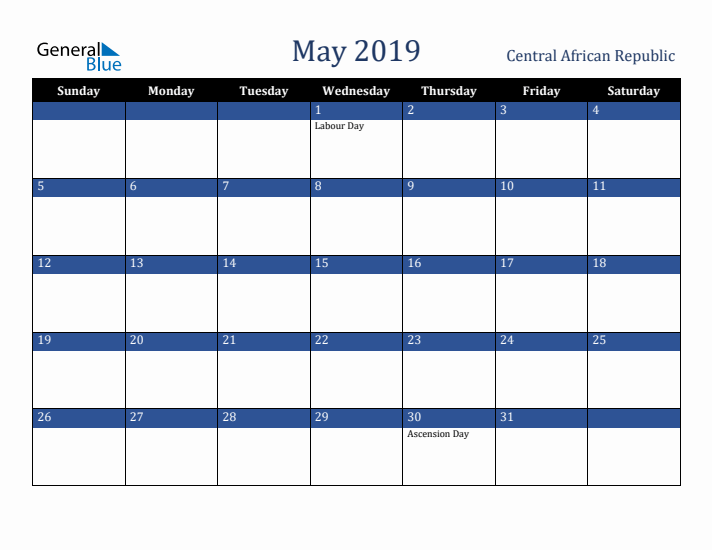 May 2019 Central African Republic Calendar (Sunday Start)