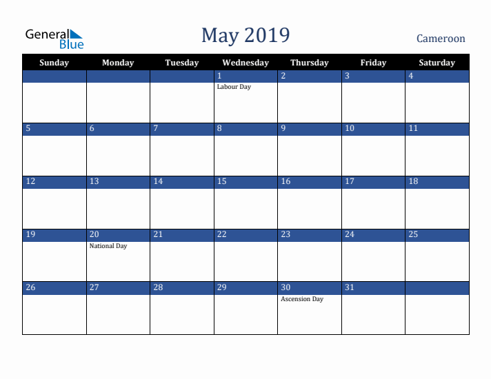 May 2019 Cameroon Calendar (Sunday Start)