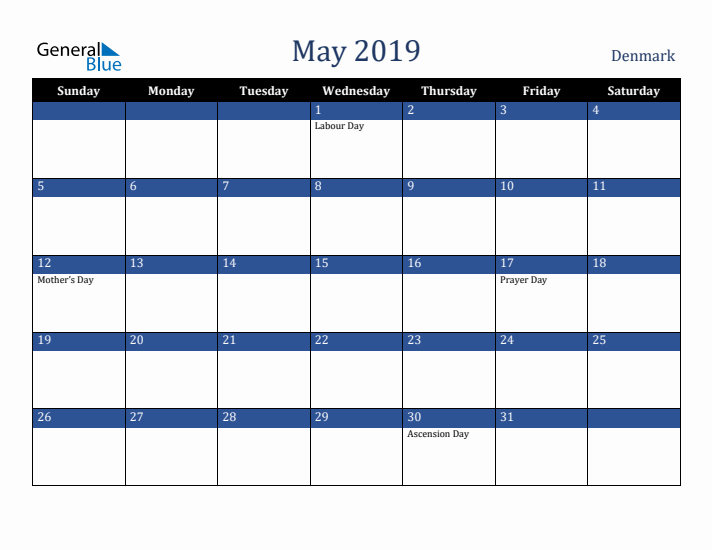 May 2019 Denmark Calendar (Sunday Start)