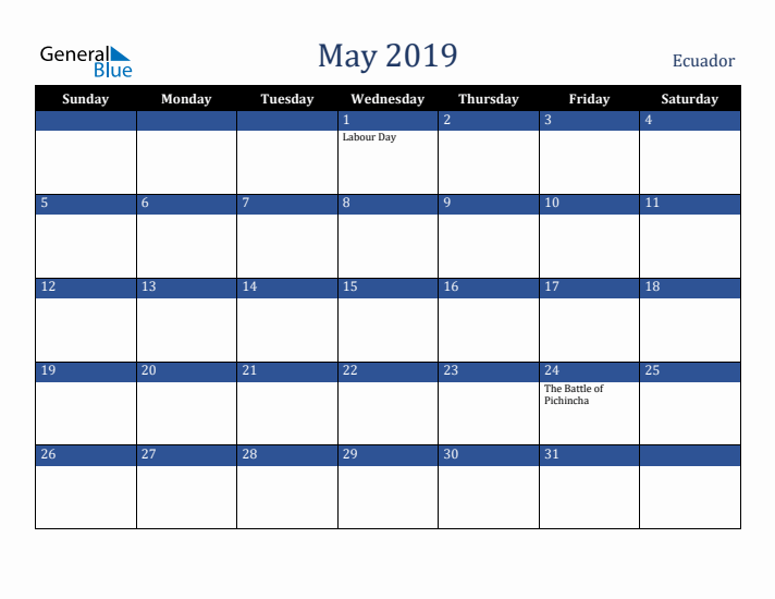 May 2019 Ecuador Calendar (Sunday Start)