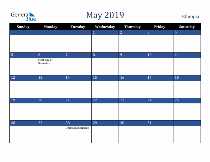 May 2019 Ethiopia Calendar (Sunday Start)