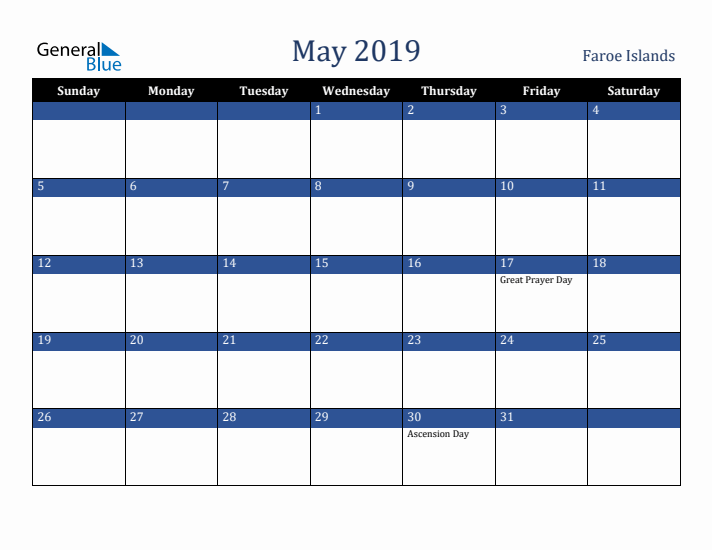 May 2019 Faroe Islands Calendar (Sunday Start)