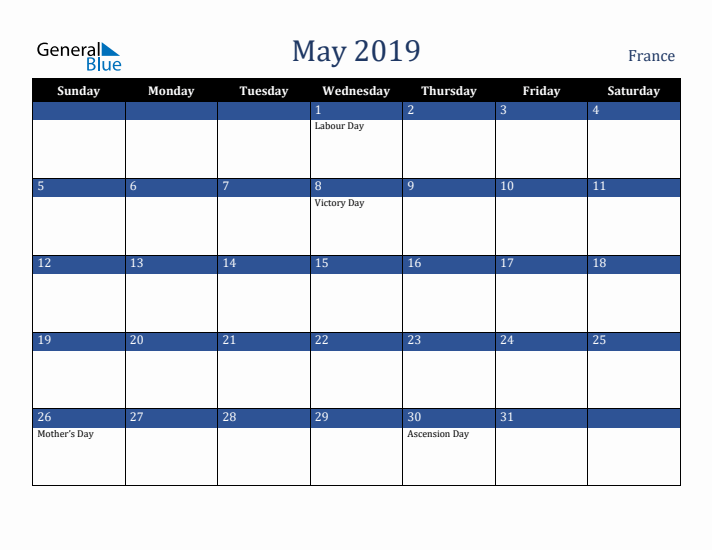 May 2019 France Calendar (Sunday Start)