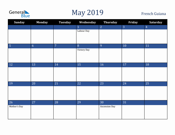 May 2019 French Guiana Calendar (Sunday Start)