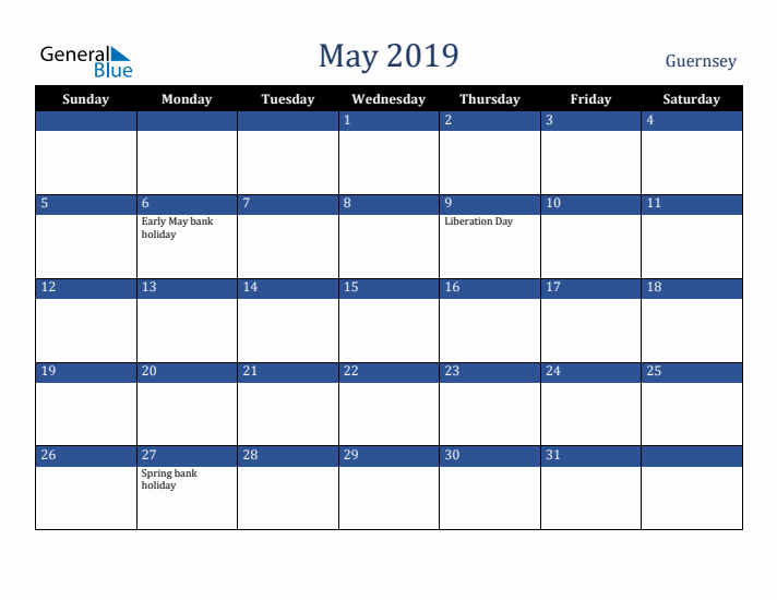 May 2019 Guernsey Calendar (Sunday Start)