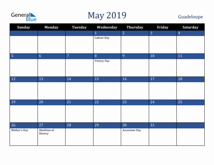 May 2019 Guadeloupe Calendar (Sunday Start)