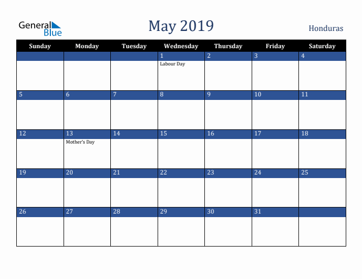 May 2019 Honduras Calendar (Sunday Start)