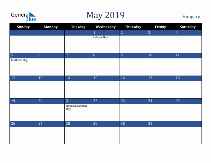 May 2019 Hungary Calendar (Sunday Start)