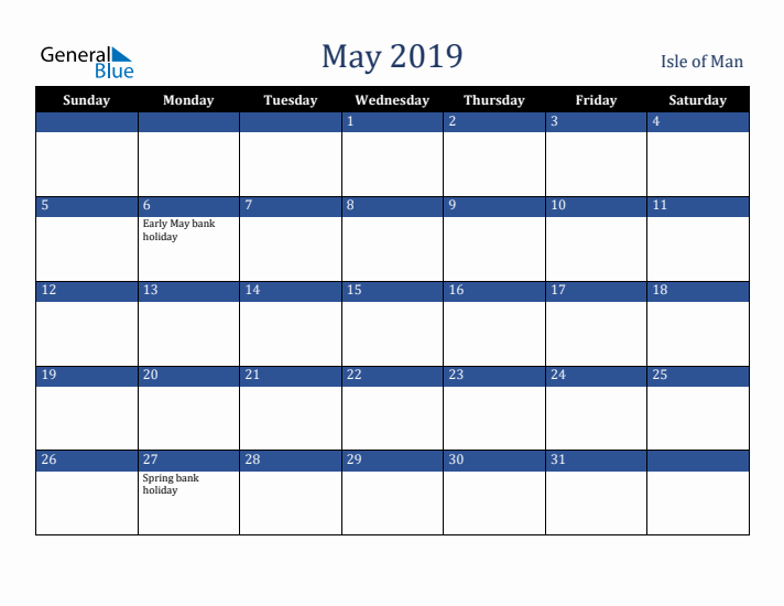 May 2019 Isle of Man Calendar (Sunday Start)