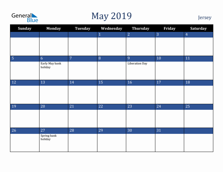 May 2019 Jersey Calendar (Sunday Start)