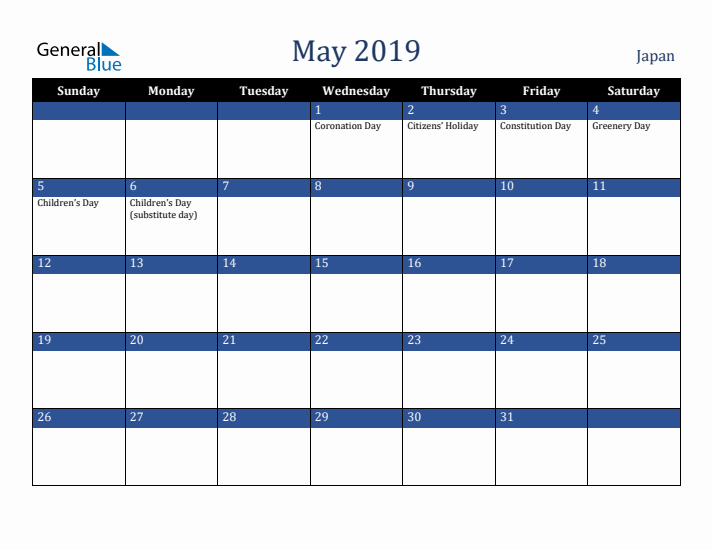 May 2019 Japan Calendar (Sunday Start)