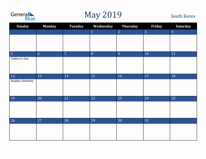 May 2019 South Korea Calendar (Sunday Start)