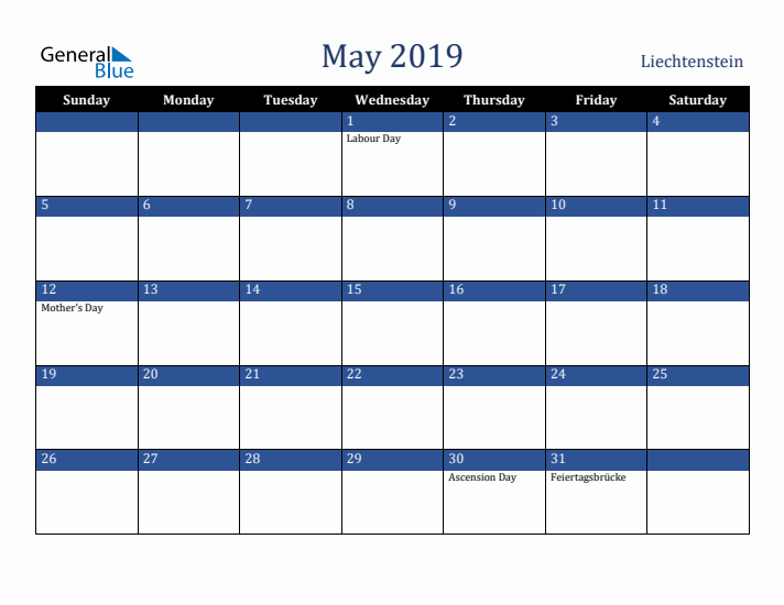 May 2019 Liechtenstein Calendar (Sunday Start)
