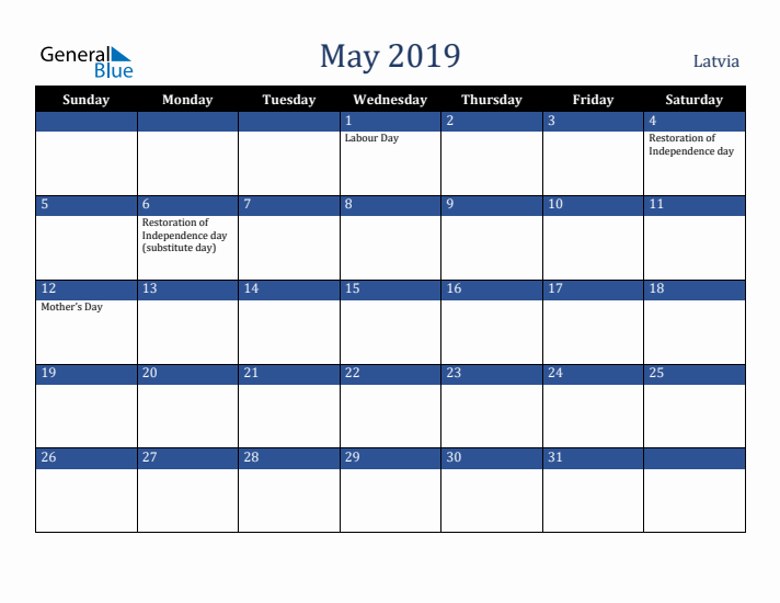 May 2019 Latvia Calendar (Sunday Start)