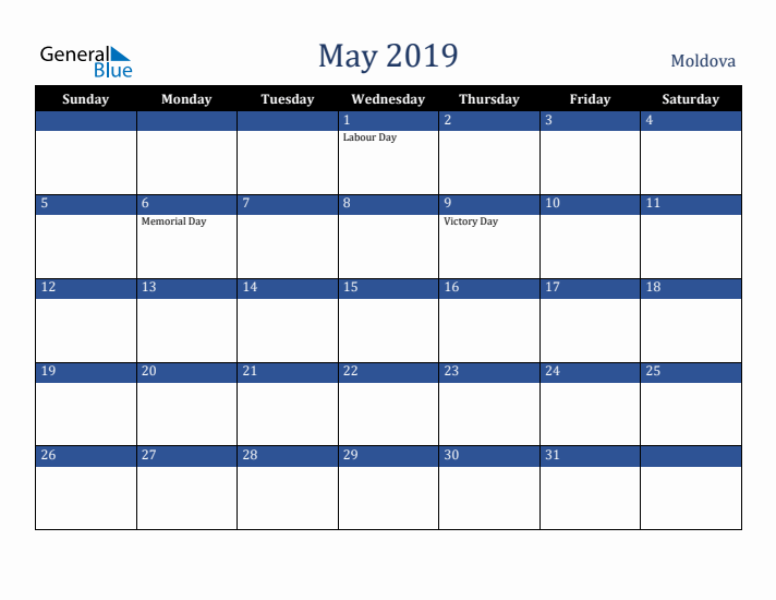 May 2019 Moldova Calendar (Sunday Start)