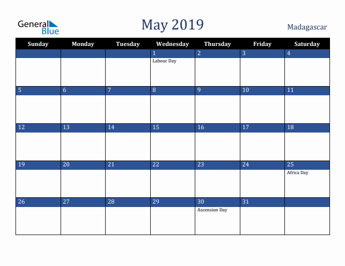 May 2019 Madagascar Calendar (Sunday Start)