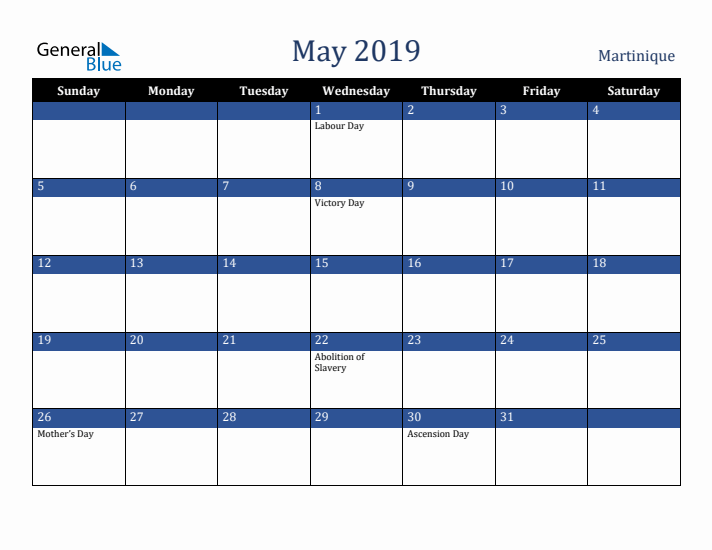May 2019 Martinique Calendar (Sunday Start)