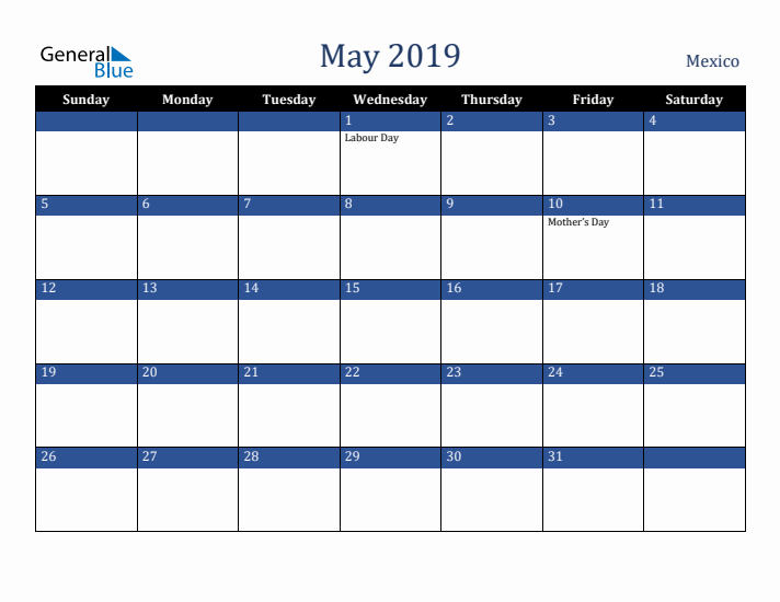 May 2019 Mexico Calendar (Sunday Start)