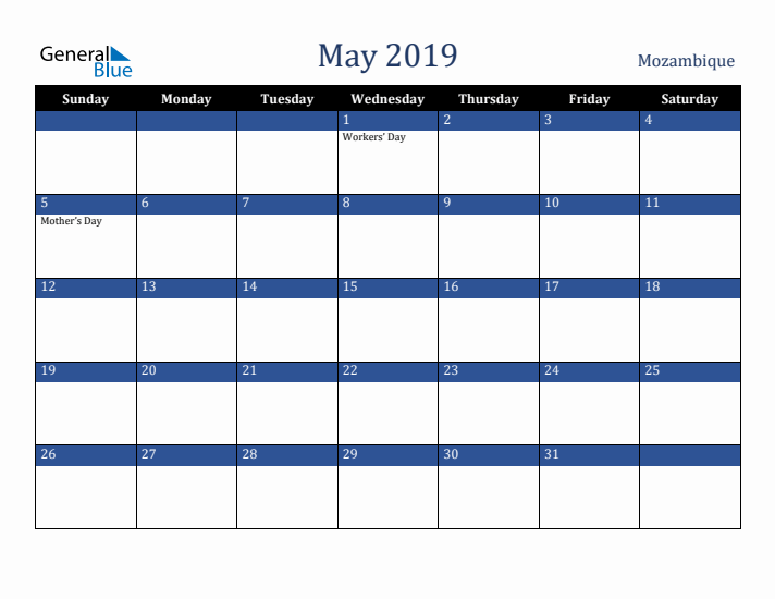 May 2019 Mozambique Calendar (Sunday Start)