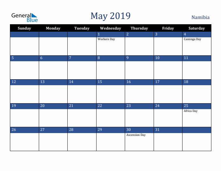 May 2019 Namibia Calendar (Sunday Start)