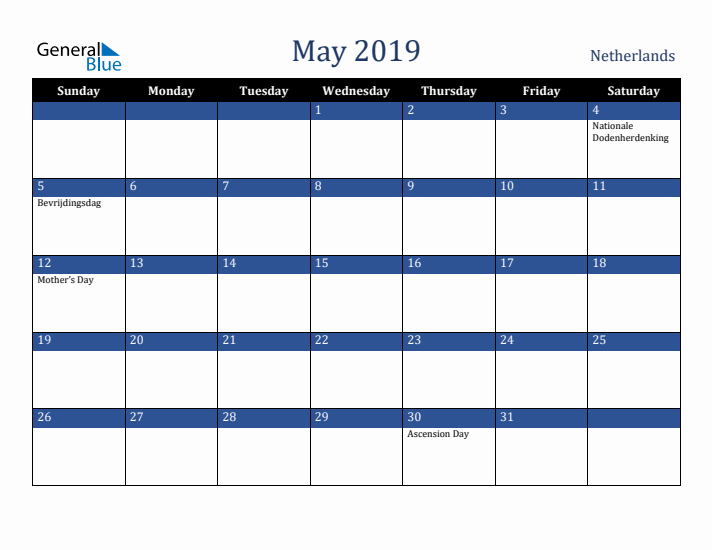 May 2019 The Netherlands Calendar (Sunday Start)