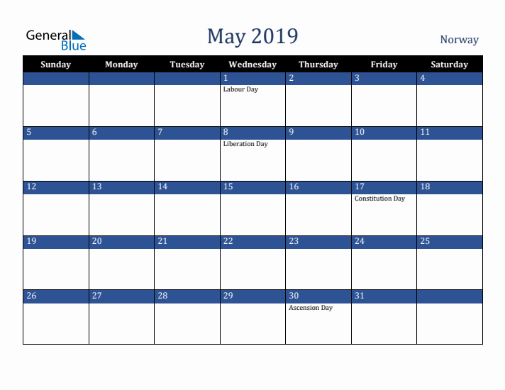 May 2019 Norway Calendar (Sunday Start)