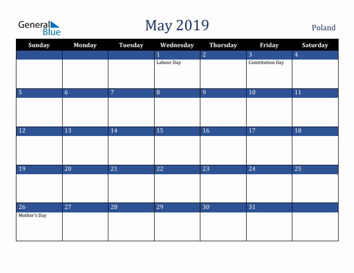 May 2019 Poland Calendar (Sunday Start)