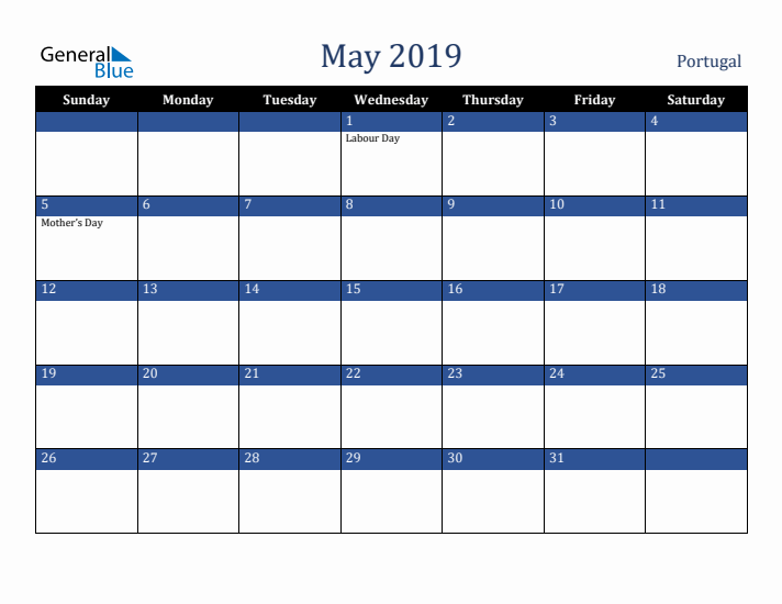 May 2019 Portugal Calendar (Sunday Start)