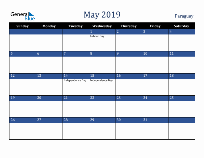 May 2019 Paraguay Calendar (Sunday Start)