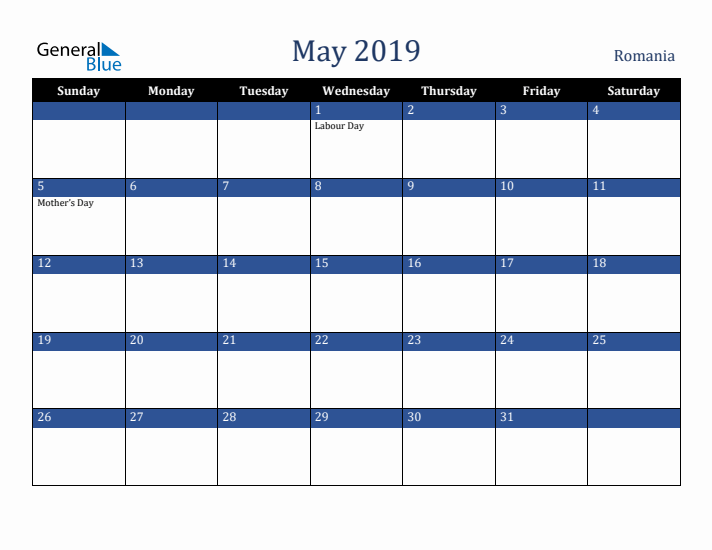 May 2019 Romania Calendar (Sunday Start)