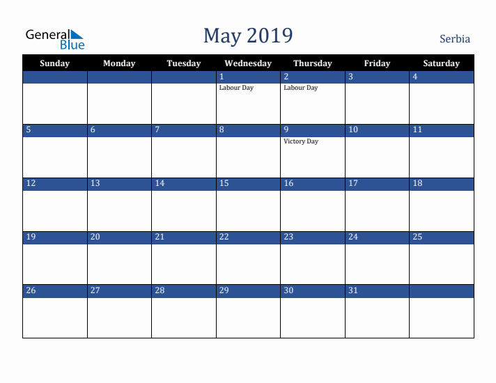 May 2019 Serbia Calendar (Sunday Start)