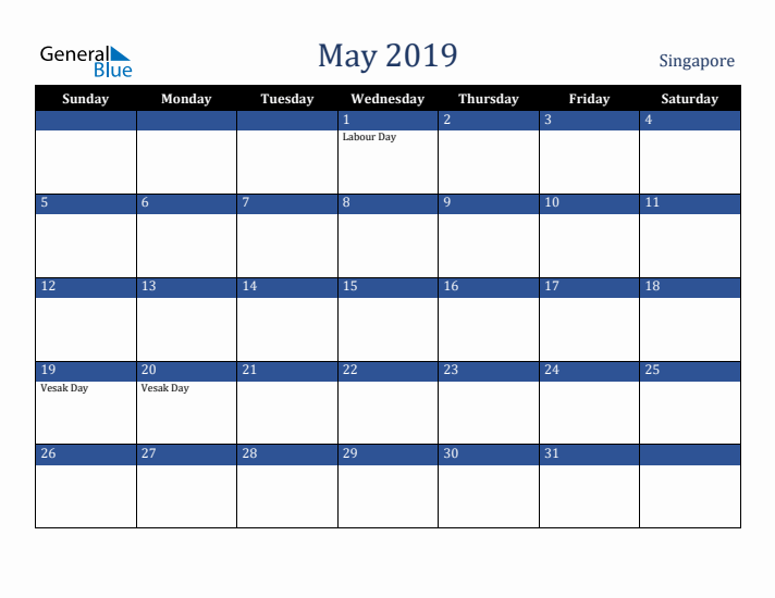 May 2019 Singapore Calendar (Sunday Start)