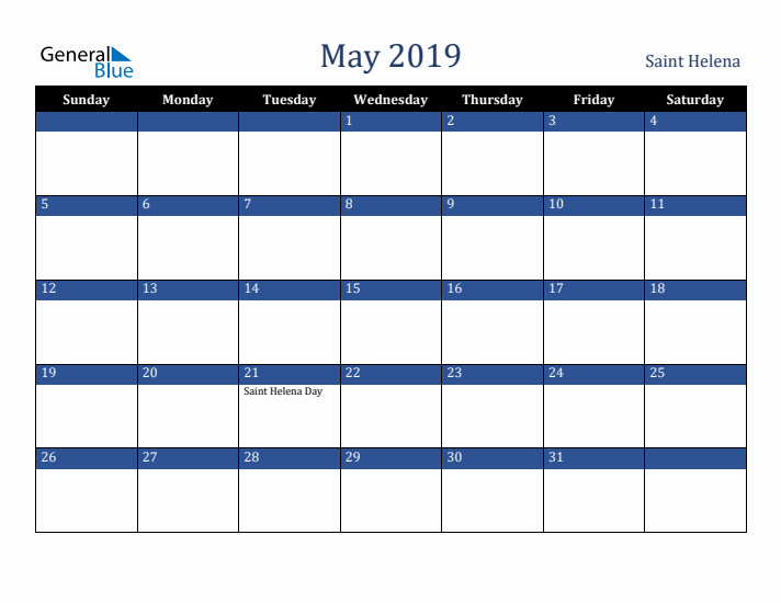 May 2019 Saint Helena Calendar (Sunday Start)
