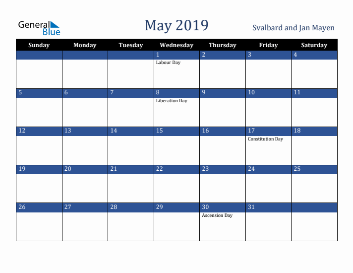 May 2019 Svalbard and Jan Mayen Calendar (Sunday Start)