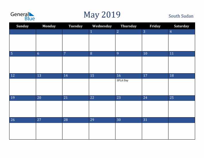 May 2019 South Sudan Calendar (Sunday Start)