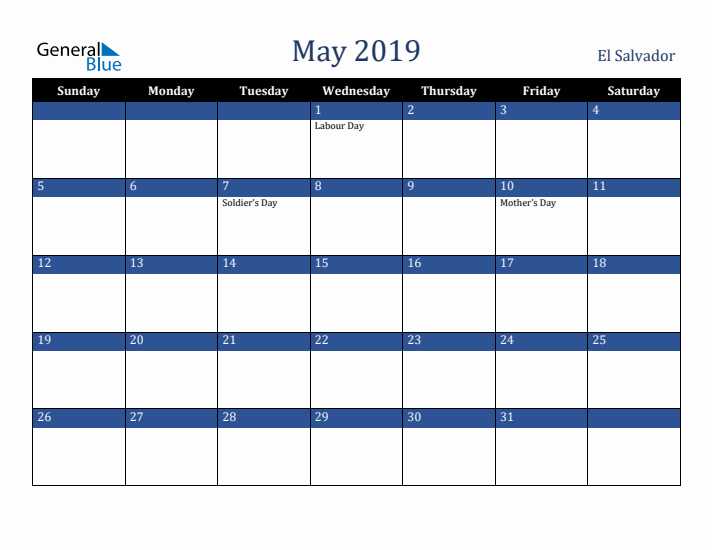 May 2019 El Salvador Calendar (Sunday Start)