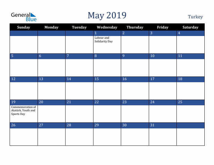 May 2019 Turkey Calendar (Sunday Start)